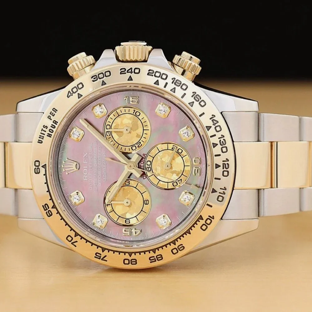 ROLEX DAYTONA COSMOGRAPH 40MM BLACK MOTHER OF PEARL 18K GOLD STEEL WATCH